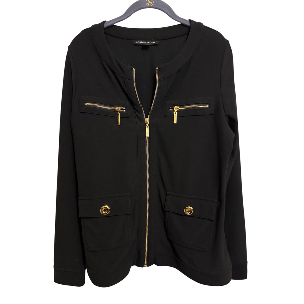 Boston Proper Jacket Women's Size M Black Gold Zip Quiet Luxury Business Work
